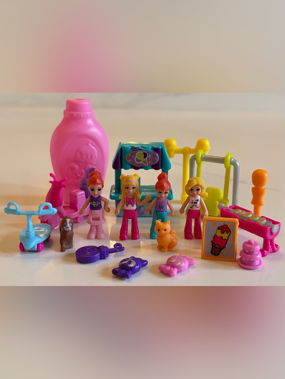 Polly Pocket Doll Lot with Ice Cream Cart and Play Accessories